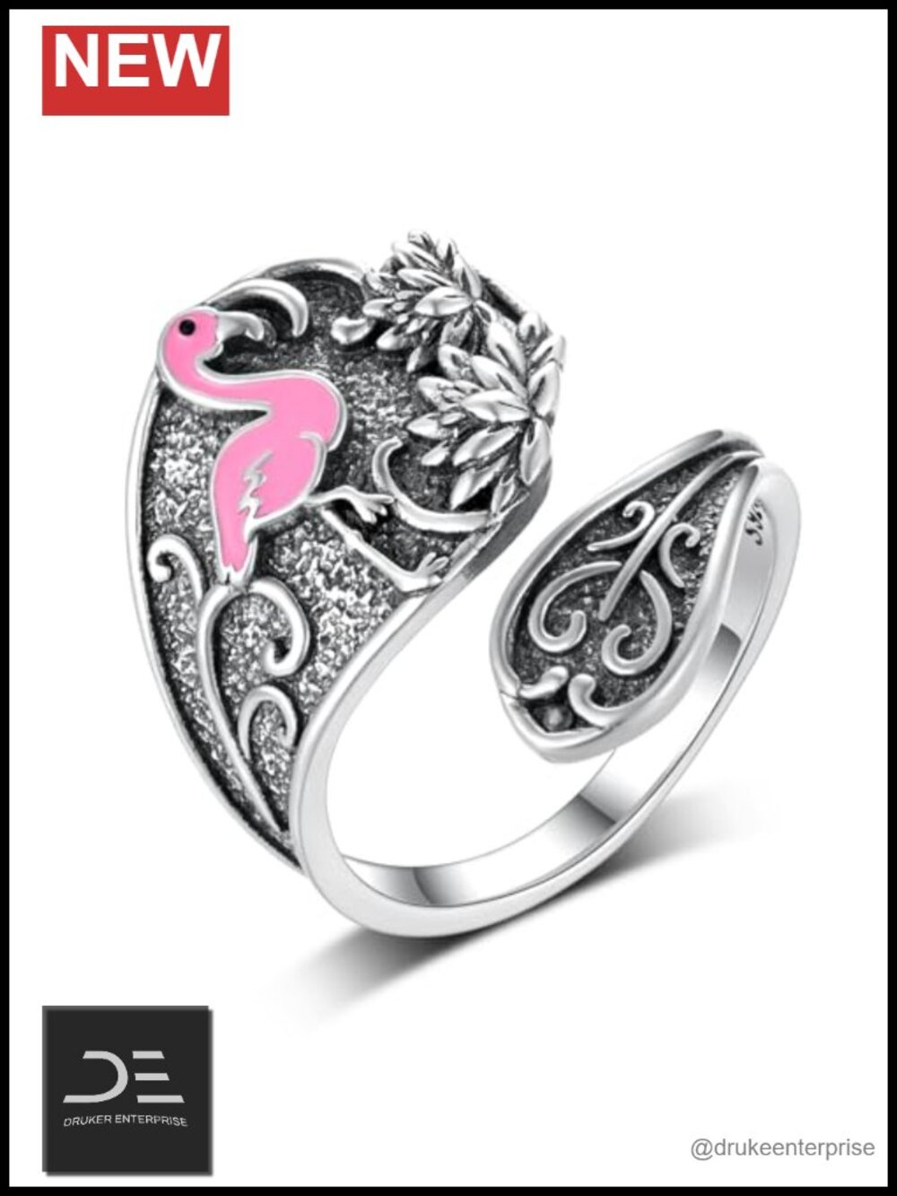 925 Sterling Silver Adjustable Thumb Ring Spoon Flamingo Jewelry
